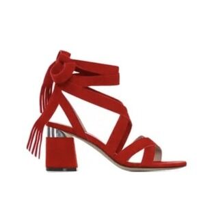 PAIGE Jodie Wrap Around Fringe Sandal Open Toe Heels Red Suede Strappy